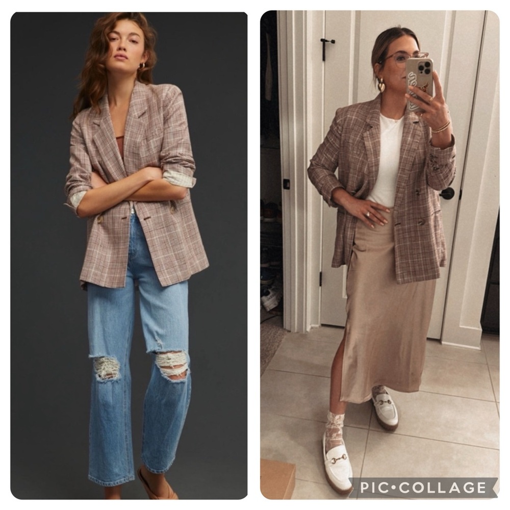 NWT Anthropologie Maeve Brown Double Breasted Plaid Blazer